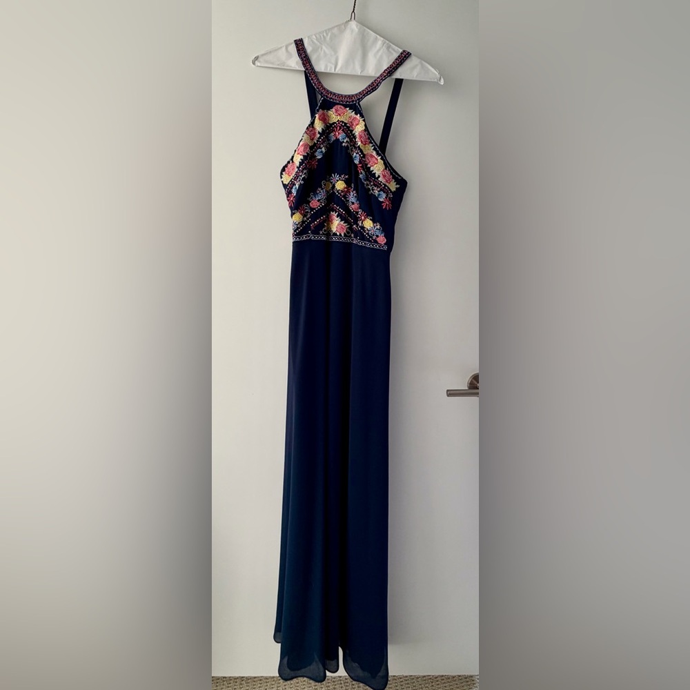 Floral Embroidered Navy Maxi Dress